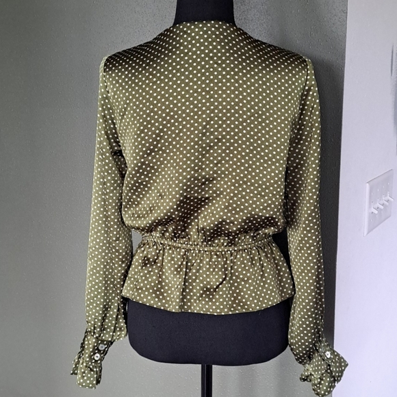 Lucca Satin Piper Top Small Polka Dot V Neck Long Sleeve Elegant Blouse - Picture 2 of 5